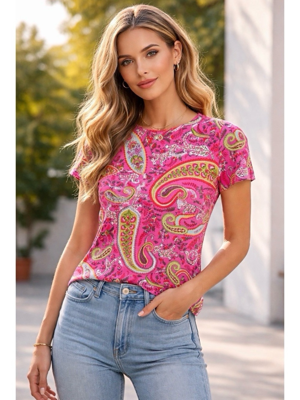Women’s beaded Pink Paisley Dopamie Boho Short Sleeve Tee L